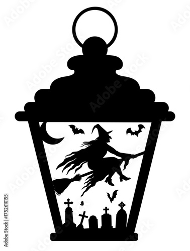 Halloween night lamp with witch on broom flying above graveyard, moon and bats
