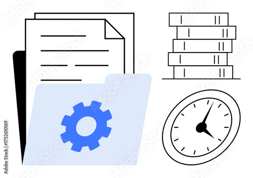 Paper documents and blue gear folder symbolize organization. Stacked files and clock highlight data management, deadlines, and efficiency. Ideal for productivity, planning, digitalization, office
