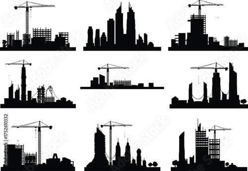 Urban construction silhouettes, city building stages, crane and scaffolding scenes, architectural development, infrastructure growth, modern skyline, vector illustration for design and education