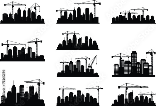 Urban skyline silhouettes with construction cranes, cityscape vector set, modern architecture, building development, black city outlines for design and planning