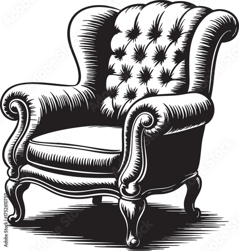 A detailed black and white illustration of a tufted wingback armchair on a white background