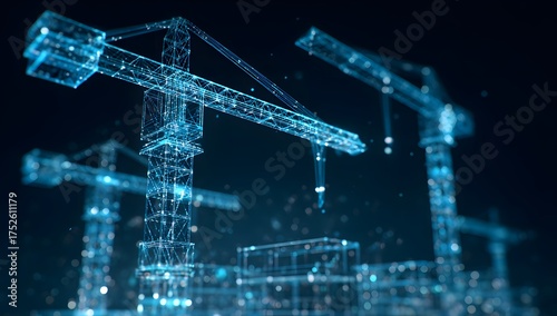 Futuristic digital scaffolding and construction cranes illuminated with neon blue lights against a dark night sky