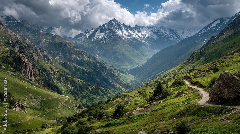 Naklejka premium High Mountains with Green Peaks and White Snow, Winding Paths Through Majestic Landscape. High Resolution Image of Alpine Nature and Serene Wilderness.