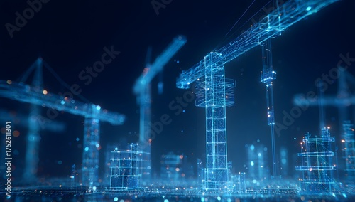 Fototapeta Naklejka Na Ścianę i Meble -  Illuminated construction cranes and buildings rendered in vibrant blue digital light against a dark night sky