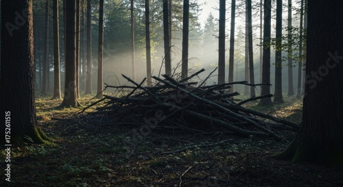 Forest clearing with brush pile, sunbeams through trees, serene atmosphere
