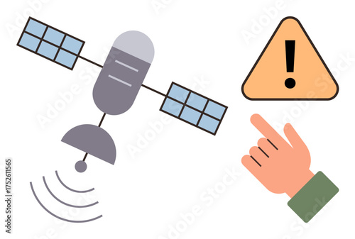 Satellite emitting signals, a triangular alert sign with an exclamation mark, and hand interaction. Ideal for communication, navigation, technology, alert, security attention education. Simple flat
