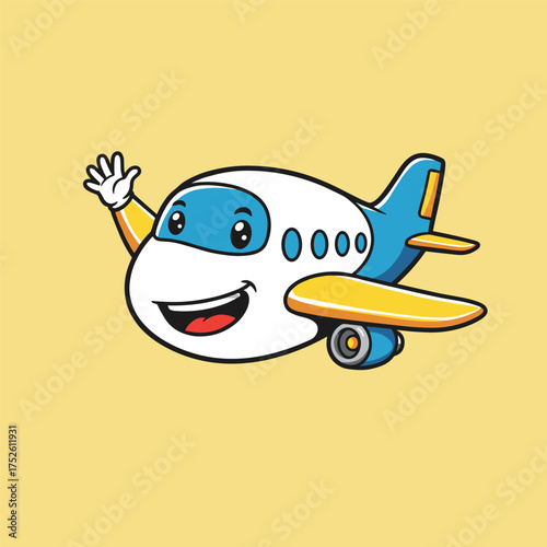 Smiling white airplane with blue cockpit and yellow wings waves with one gloved hand, set on a light yellow background.