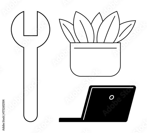 Minimalistic wrench, potted plant, and laptop design combining repair, eco-consciousness, and technology. Ideal for work, productivity, sustainability, green practices tools technology and simple