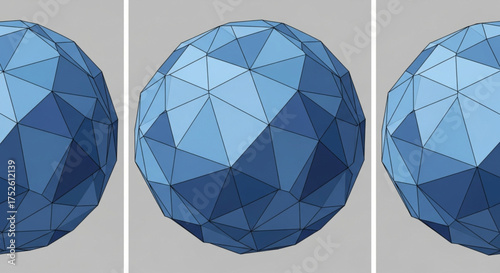 Three blue geometric spheres with triangular facets, arranged side by side, create a visually appealing pattern against a neutral background, showcasing symmetry