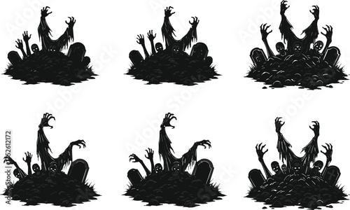 Zombie silhouettes rising from graves, horror cemetery scene, undead vector art, spooky Halloween design, scary graveyard illustration, dark monster concept, black shadows