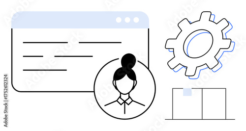 Profile picture beside interface window and settings gear, suggesting personalization, configuration, and system management. Ideal for user experience, profile setup, customization, productivity