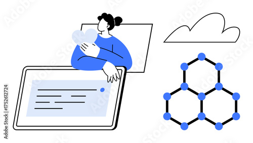 Person embracing heart near tablet, networked molecule structure, and cloud symbol. Ideal for technology, connections, health, innovation, self-care science and digital growth. Simple flat metaphor