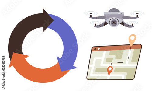 quadcopter flying above, a route marked on a digital map, and a circular flow indicating processes. Ideal for logistics, delivery, technology, innovation, mapping, automation and supply chains as