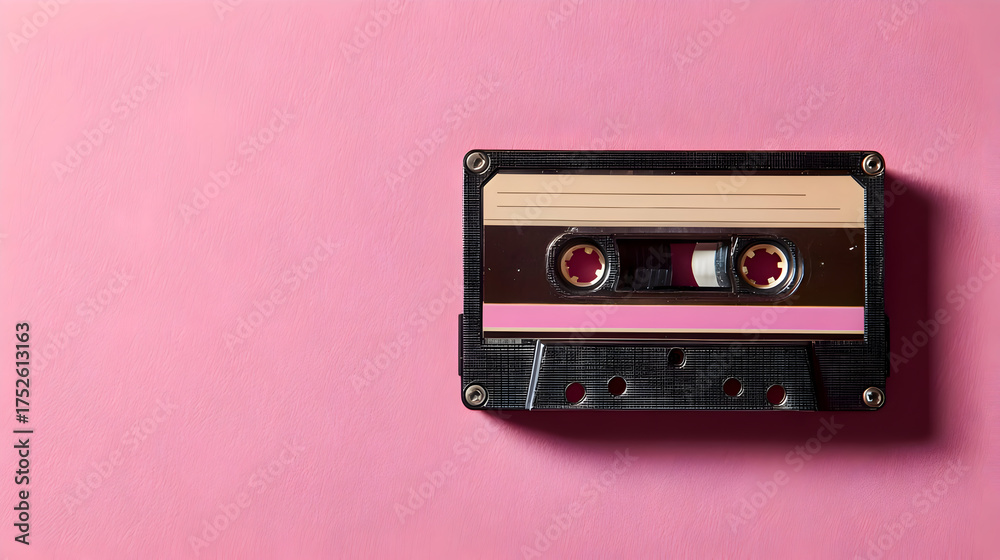 Obraz premium Vintage Audio Cassette Tape on Pink Minimal Background