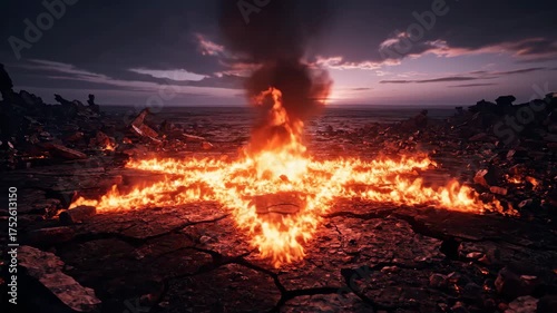 Infernal Ritual: A Burning Hexagram Symbol Illuminates a Desolate, Apocalyptic Landscape at Dusk.