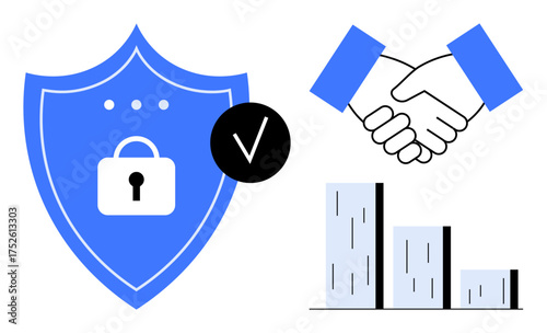 Shield with lock symbol, handshake, and bar chart portraying protection, trust, and analytics. Ideal for security, collaboration, trust, analytics business partnerships agreements simple flat