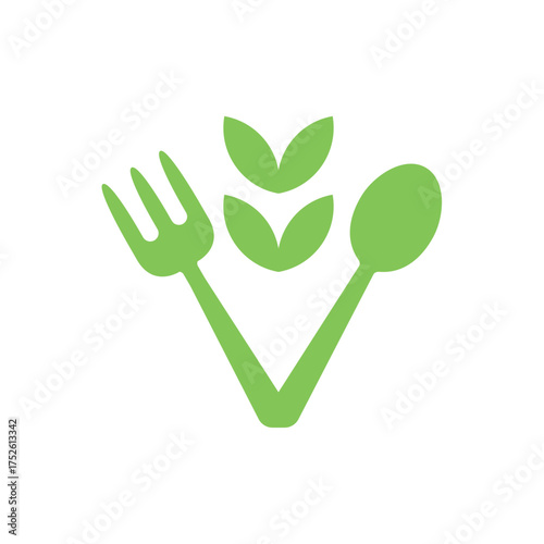 Spoon and fork with leaves in the center. Healthy food concept logo vector illustration design.