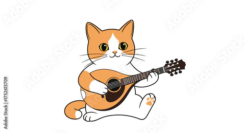 An adorable cartoon cat plays a mandolin in a delightful illustration.