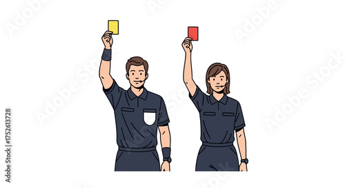 A male and a female sports referee issuing disciplinary action by showing yellow and red penalty cards for a foul in a game