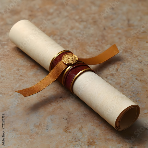 Minimal Rolled Parchment Certificate with Wax Seal on Neutral Background