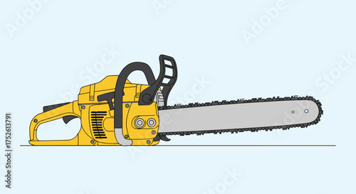 A yellow chainsaw with a silver bar and chain against a light blue background.