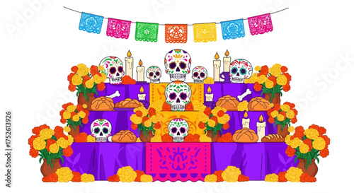 Traditional Mexican Day of the Dead ofrenda altar with sugar skulls, marigolds, and candles