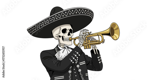 Skeleton playing trumpet in mariachi suit for Dia de los Muertos