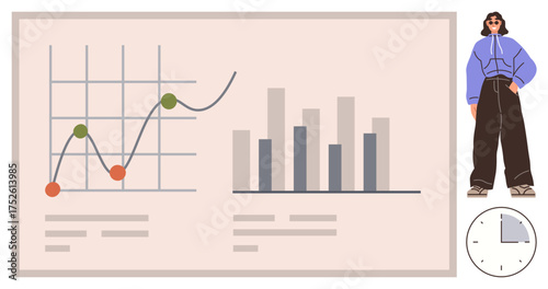 Graph with line and bar charts showing trends and data points. Stylish person in modern attire and a clock. Ideal for analytics, fashion, time management, progress, education, strategy, simple flat