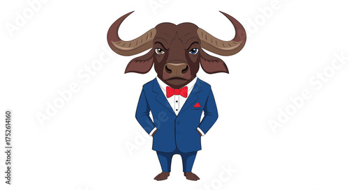 A stylish buffalo wearing a blue suit and red bow tie confidently poses with hands in pockets.
