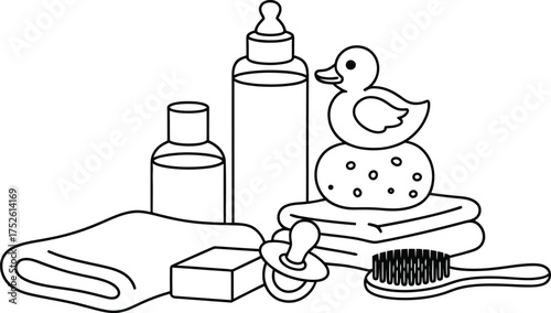 Baby bath time essentials collection with duck and towels