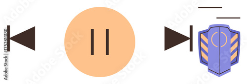 Play, pause, and rewind icons accompany a shield symbol, combining media control and security themes. Ideal for media control, safety, technology, interactive design, interface navigation