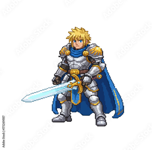 pixel art paladin knight holding sword in full armor