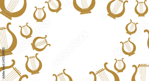 A decorative background featuring scattered golden lyres with white space in the center.