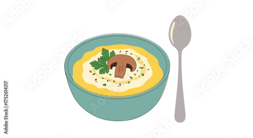 A comforting bowl of creamy mushroom soup garnished with fresh parsley and a slice of mushroom served with a spoon on the side.