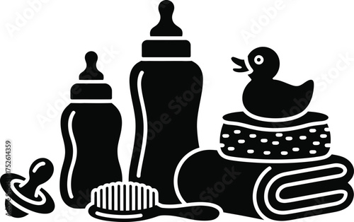 Baby care items including bottles pacifier brush towel and rubber duck