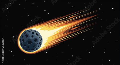 A celestial body streaks across the starry night sky leaving a fiery trail of cosmic dust and gas behind it.