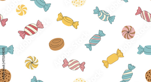 A seamless pattern featuring assorted candies and cookies scattered across a white background.