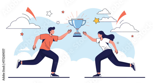 Two athletes race towards a shimmering trophy symbolizing achievement and victory.