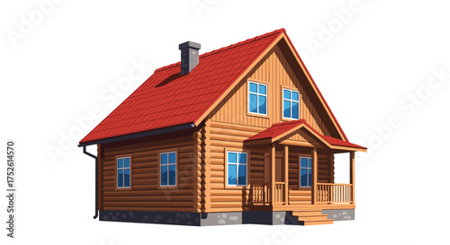 A charming wooden house with a bright red roof and multiple windows sits proudly on a white background.
