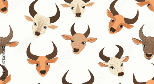 A charming seamless pattern featuring the adorable faces of various bulls and cows with expressive eyes and large horns creating a lively and engaging animalistic design.