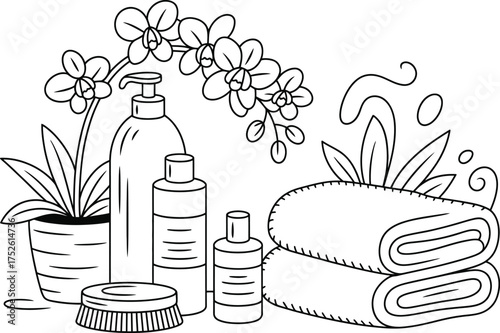Spa and wellness illustration with orchids towels and toiletries