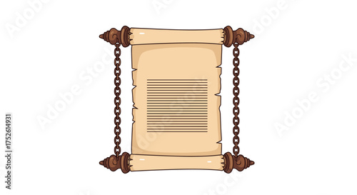 An ancient scroll with aged parchment and decorative metal fastenings hangs suspended by chains.