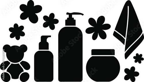 Black silhouette of baby bath time essentials including a teddy bear and towel