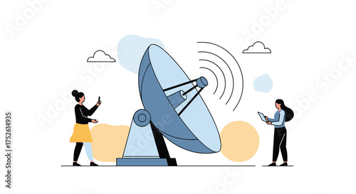 Communicating with people from afar using a satellite dish and mobile devices for network transmission.