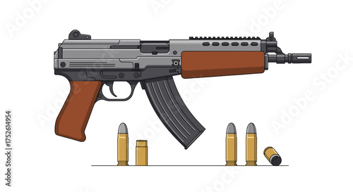 A tactical firearm with a wooden grip and magazine beside ammunition for combat and defense purposes.