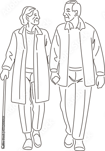 Line art vector of senior couple holding hands and walking