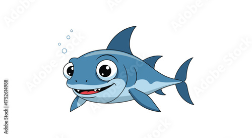 An animated friendly blue shark with big eyes swimming happily underwater.