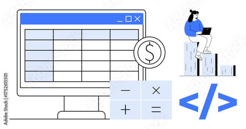 Computer screen displaying spreadsheet, calculator with arithmetic symbols, developer coding symbol, and a person analyzing data. Ideal for finance, programming, analytics, business strategy