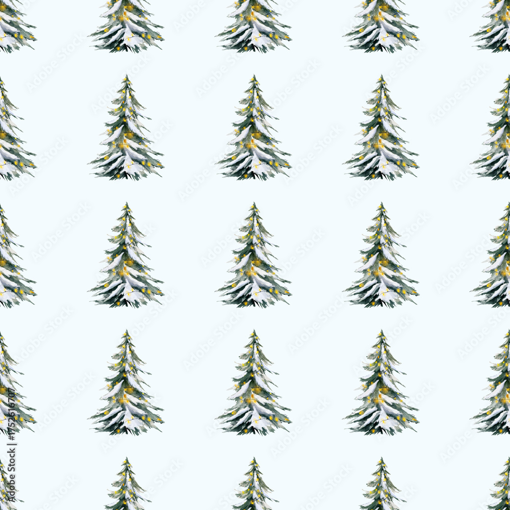 Obraz premium Seamless watercolor pattern with snowy Christmas trees and yellow lights. For winter fabrics, wrapping paper, and festive prints.