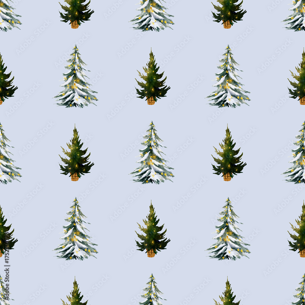 Obraz premium Seamless watercolor pattern featuring Christmas trees in wooden pots, covered with snow and decorated with soft yellow lights on a pale blue background. For wrapping paper, textiles, greeting cards